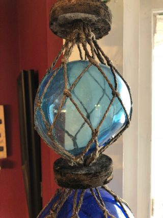 3 Vintage Antique Hand Blown Glass Float Balls Japanese Fishing Roped Nautical 3