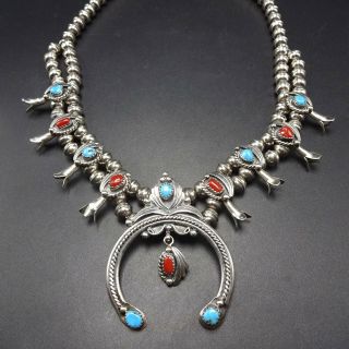 Delicate Vintage Navajo Sterling Silver Turquoise Coral Squash Blossom Necklace