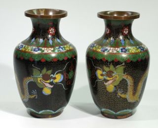 Chinese Cloisonne Vases Decorated With Dragons & Flaming Pearl