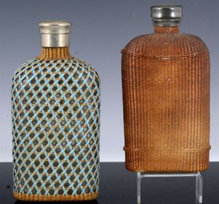 Pair Antique 19thc Southern American Weaved Glass Silver Metal Whiskey Flasks