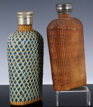 PAIR ANTIQUE 19THC SOUTHERN AMERICAN WEAVED GLASS SILVER METAL WHISKEY FLASKS 2