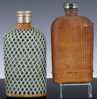 PAIR ANTIQUE 19THC SOUTHERN AMERICAN WEAVED GLASS SILVER METAL WHISKEY FLASKS 3