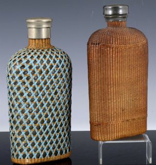 PAIR ANTIQUE 19THC SOUTHERN AMERICAN WEAVED GLASS SILVER METAL WHISKEY FLASKS 4