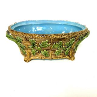 Antique 19th C Minton Majolica Game Dish With Oak Leaf Basket Weave