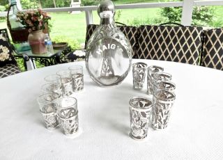 Assembled Vintage Mexican Anton Sterling Silver Overlay Decanter/12 Shot Glasses