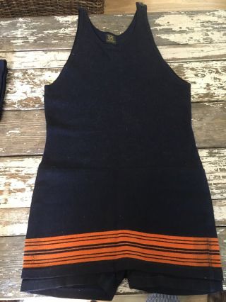 Vintage 1920s Wool Bathing Suit Navy/orange Striped - Gantner & Mattern - Mens