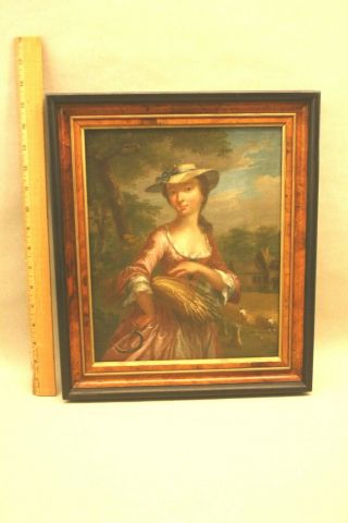 Antique 18thc English Oil Painting Figural Women At Work With Hat Wheat No Res.