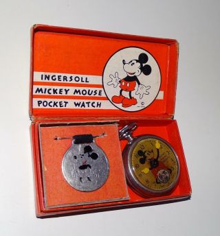 Rare Bxd Set:disney1932/1933 Ingersol " Mickey Mouse Pocket Watch,  - Keeps Time