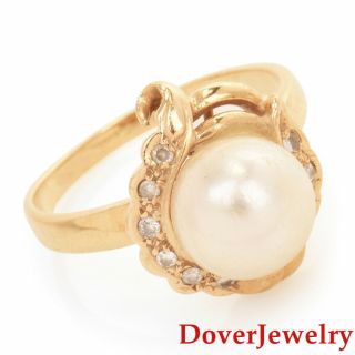 Estate Diamond Pearl 14k Yellow Gold Floral Ring Nr