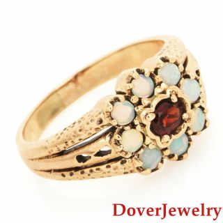 Estate Garnet Opal 9k Yellow Gold Floral Engraved Ring Nr