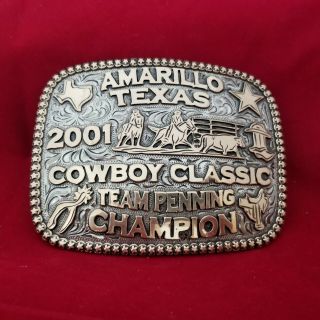 Vintage Rodeo Buckle 2001 Amarillo Texas Team Penning Champion Hand Engraved 427