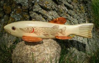 Jay Mcevers Fish Decoy Lure Fishing Folk Art Carved Wood Rod Spearing Scene Ice
