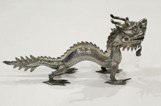 Chinese Export Silver Dragon Figure Menu Holder / Place Name Holder - Signed
