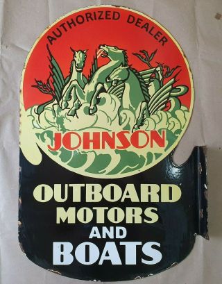 Johnson Outboard Motors 2 Sided Vintage Porcelain Sign 18 X 27 1/2 Inches Flange