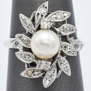 Vintage 14k White Gold Sea Pearl & 0.  21 Tcw Diamond Art Deco Ring 4.  8 Grams