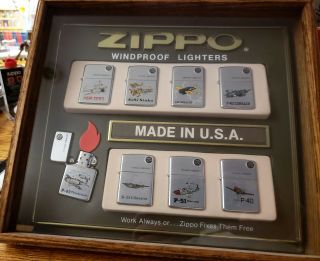 Zippo Vintage Aircraft Set Of 8 In Retail Display Mounted In Frame Unfired