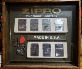 ZIPPO VINTAGE AIRCRAFT SET OF 8 IN RETAIL DISPLAY MOUNTED IN FRAME UNFIRED 2