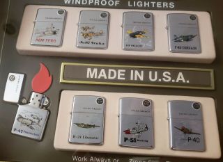 ZIPPO VINTAGE AIRCRAFT SET OF 8 IN RETAIL DISPLAY MOUNTED IN FRAME UNFIRED 7