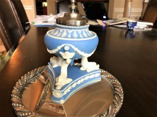 C.  1855 Rare Wedgwood Jasperware Inkwell Dolphin Mount Silverplate By G Betjemann