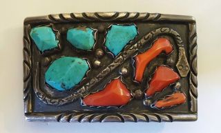 Vintage Zuni Wayne Cheama Sterling Silver Turquoise & Coral Snake Belt Buckle