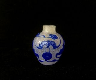 Antique Chinese Carved Blue Overlay Glass Snuff Bottle Qing 19th Century
