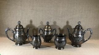 Antique Victorian Repousse Rogers Smith Haven Silver Plate Coffee Tea Set