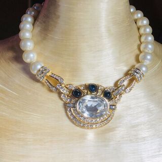 Vtg Gold Necklace Signed Ciner Sapphire Cab Diamanté Crystal Rhinestone Pearl