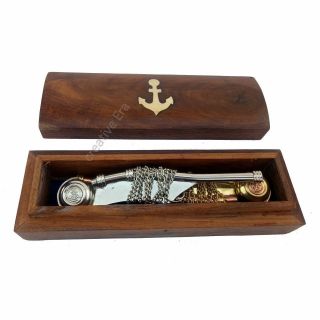 Brass Copper & Silver Bosun ' s Whistle Brass Boatswains Pipe with Wooden Box Gift 2