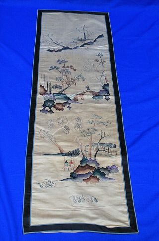Large Antique Chinese Hand Embroidered People & Landscape Silk Panel 15 " X 49 "