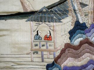 Large Antique Chinese Hand Embroidered People & Landscape Silk Panel 15 