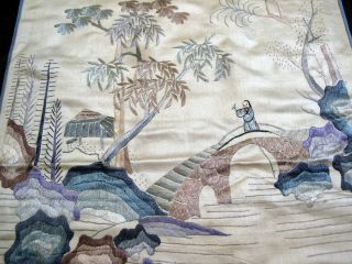 Large Antique Chinese Hand Embroidered People & Landscape Silk Panel 15 
