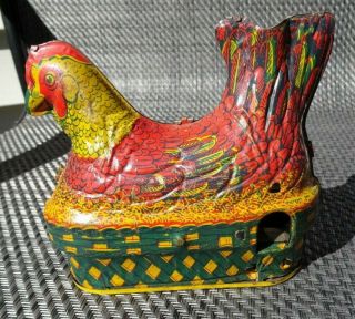 30s Baldwin Little Red Hen Egg Laying Clucking Tin Litho Wind - Up Toy - Works?