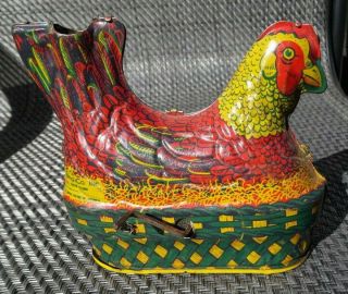 30s BALDWIN LITTLE RED HEN EGG LAYING CLUCKING TIN LITHO WIND - UP TOY - WORKS? 2