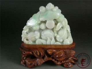 Large Chinese Jadeite Emerald Jade Carved Statue Goldfish & Lotus Stand