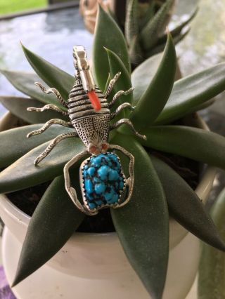 Vtg Old Pawn Navajo Sterling Silver Scorpion Necklace Coral Turquoise Pendant
