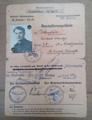 1944 Authentic German Wwii Soldier Id Card Stamped.  Rejection I.  D.  ???