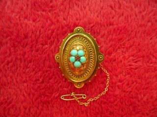 Victorian Stamped 15 Carat Gold Turquoise & Pink Ruby Brooch 8 Grams