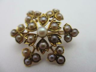 Snowflake 15k Gold Seed Pearl Brooch Pin Antique Victorian C1860.  Tbj07201