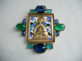 Vintage Rare Crown Trifari Enamel Blue Green Cabochon Saint Brooch Large