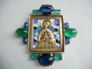 VINTAGE RARE CROWN TRIFARI ENAMEL BLUE GREEN CABOCHON SAINT BROOCH LARGE 2