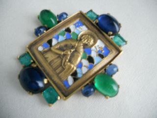 VINTAGE RARE CROWN TRIFARI ENAMEL BLUE GREEN CABOCHON SAINT BROOCH LARGE 4