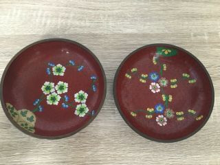 Pair Antique Chinese Cloisonne Enamel Large Dishes Flowers Marked China 6 "