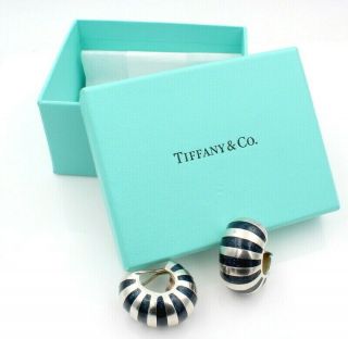 Stunning Tiffany & Co.  Sterling Silver & Enamel Clip On Hoop Earrings 5441 - 3