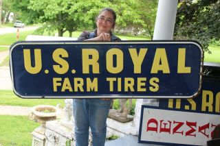 Large Vintage 1950 U.  S.  Royal Farm Tires Gas Station 61 " Embossed Metal Sign