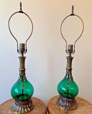 Vintage Mid Century Emerald Green Glass Brass Metal Table Lamps Pair