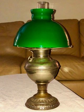 Antique (1895) Edward Miller Gwtw Oil Lamp W/ Milk Glass - Incredible