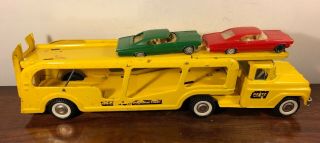 Vintage Buddy L Hertz Auto Transporter Car Carrier W 2 Cars Pressed Steel Toy