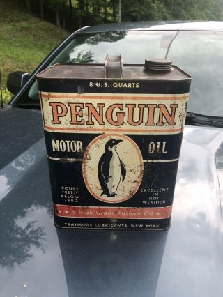 Vintage (2) Two Gallon Penguin Motor Oil Can York Rare
