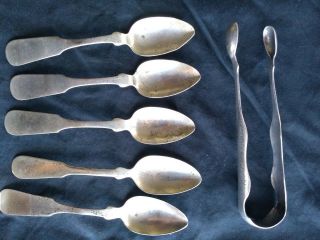 Antique American Colonial Coin Silver Spoons & Sam L.  Kirk 10.  15 Silver Tongs