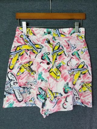 Vintage Coco Chanel Airplane Print Silk Shorts Pink Rose S/xs 100 Authentic
